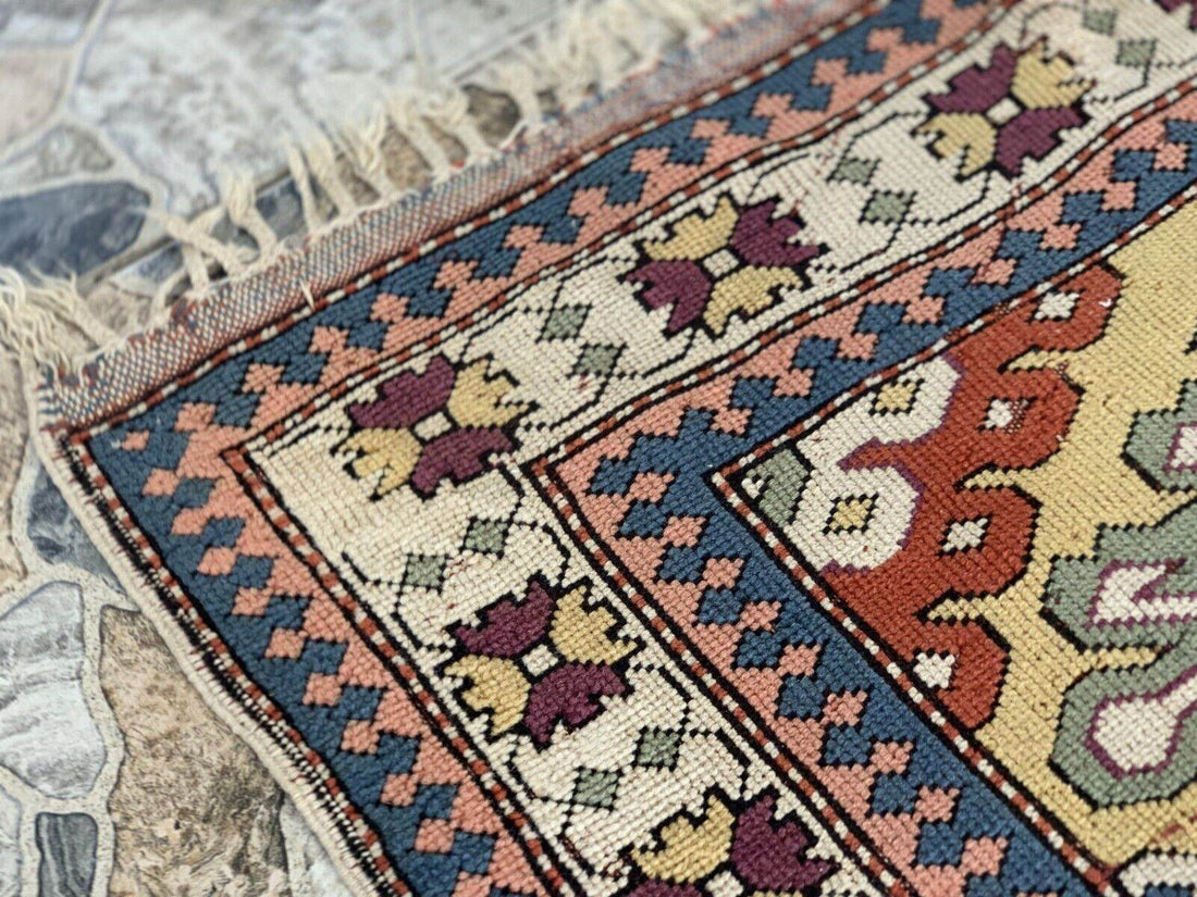 Vintage Handmade Turkish Wool Rug Anatolian Farmhouse Geometric Oushak 4.1x5.4ft
