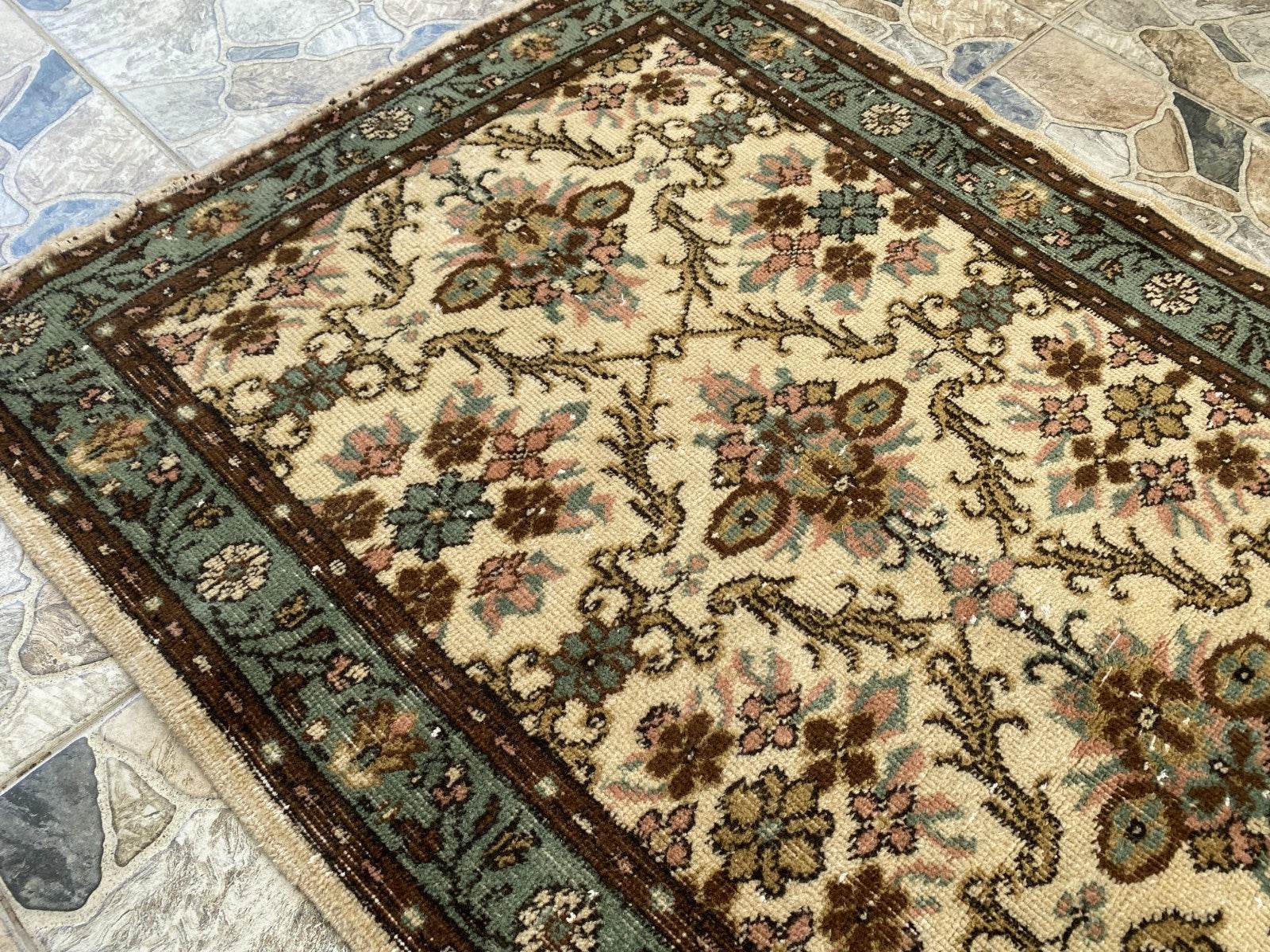 Vintage Anatolian Area Rug, 3.3x6.3 ft Hand-Knotted Wool Faded Rustic Geometric