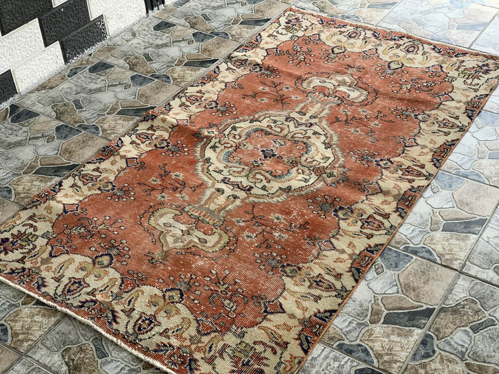 Vintage Rug, Turkish Oushak Wool Handmade Farmhouse Geometric Area Rug 3.6x6.8ft