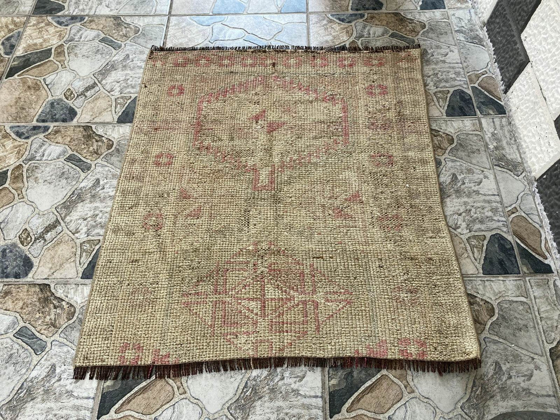 Vintage Turkish Rug 2.7 x 3 ft Hand-Knotted Wool Runner – Tribal Geometric Rug