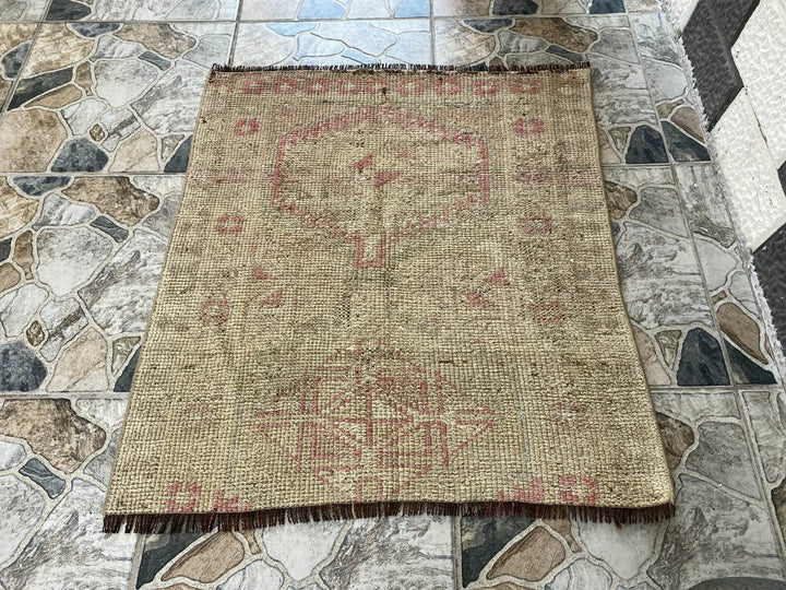 Vintage Turkish Rug 2.7 x 3 ft Hand-Knotted Wool Runner – Tribal Geometric Rug