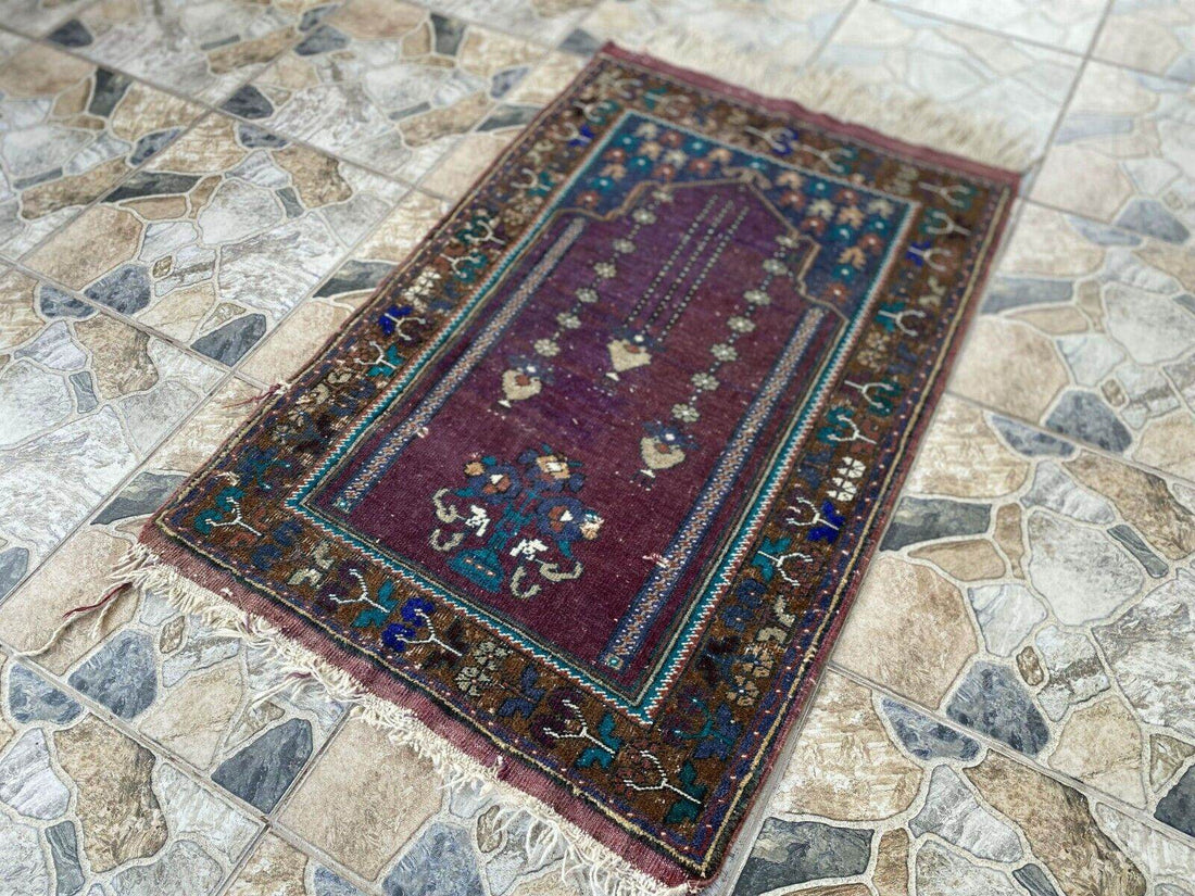 Vintage Turkish Handmade Wool Prayer Rug | Geometric Anatolian Oushak Carpet 2x4