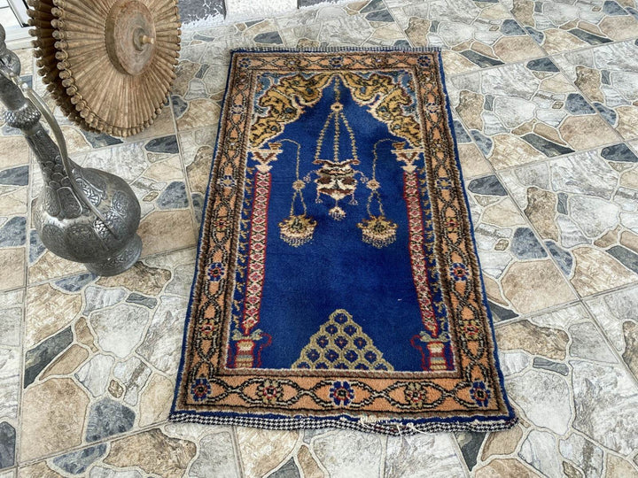 Blue Turkish Prayer Vintage Rug, 1990s Handmade Wool Geometric Farmhouse Small