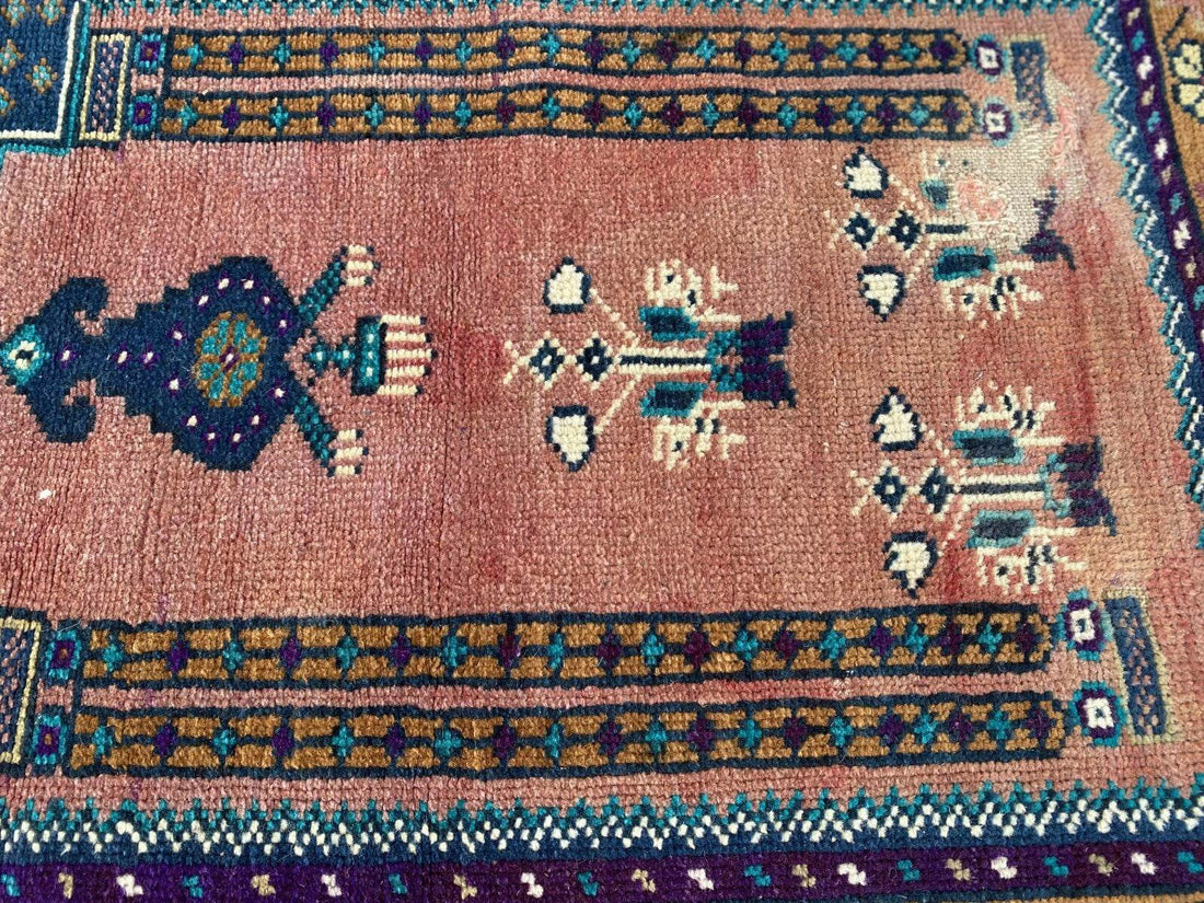 Vintage Turkish Oushak Rug, 2 x 3 ft Pink Handmade Wool Antique Tribal Small Rug