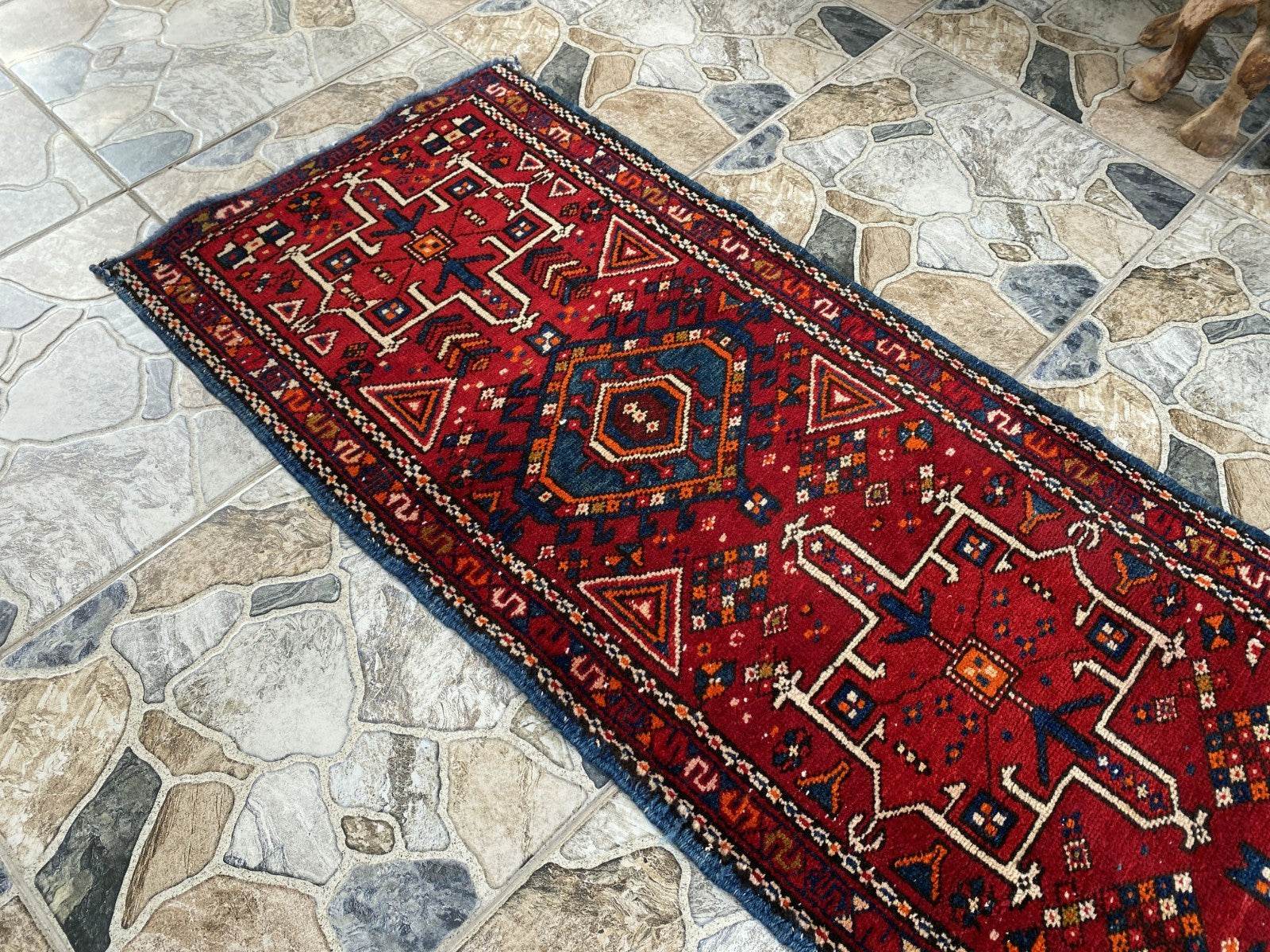 Vintage Persian Style Runner Rug | 1.8 x 6.6 ft Hand-Knotted Wool | Red & Blue Tribal