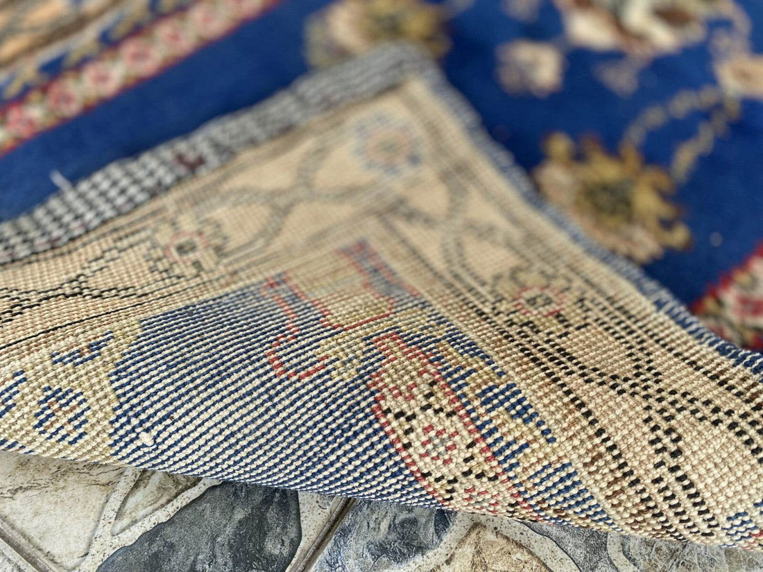 Blue Turkish Prayer Vintage Rug, 1990s Handmade Wool Geometric Farmhouse Small