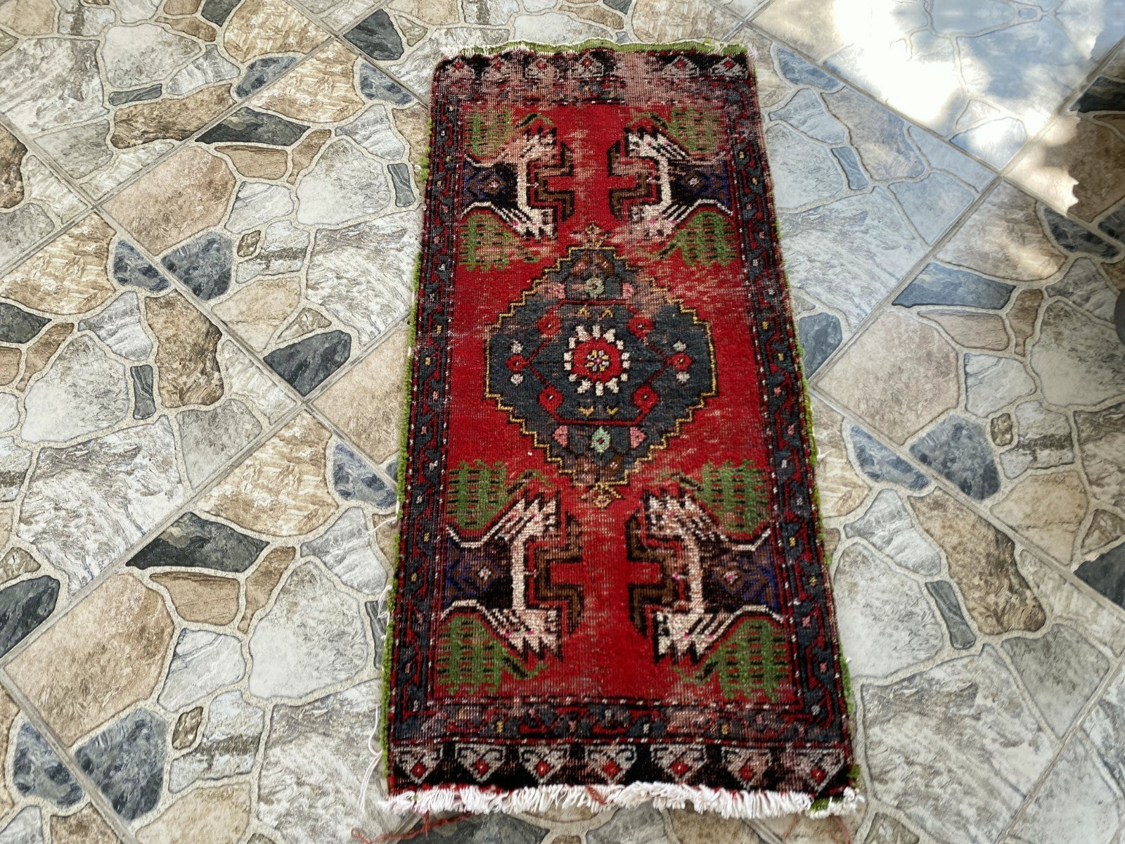 Vintage Turkish Small Rug | 1.6 x 3.3 ft Hand-Knotted Wool | Red Geometric Mat