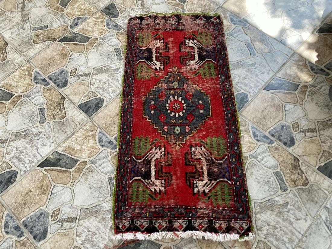 Vintage Turkish Small Rug | 1.6 x 3.3 ft Hand-Knotted Wool | Red Geometric Mat