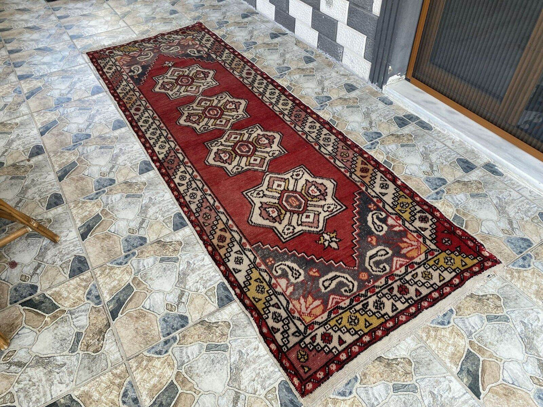 Vintage Turkish Rug | Tribal Handmade Wool Farmhouse Antique Runner 3.2ftx9.2 ft