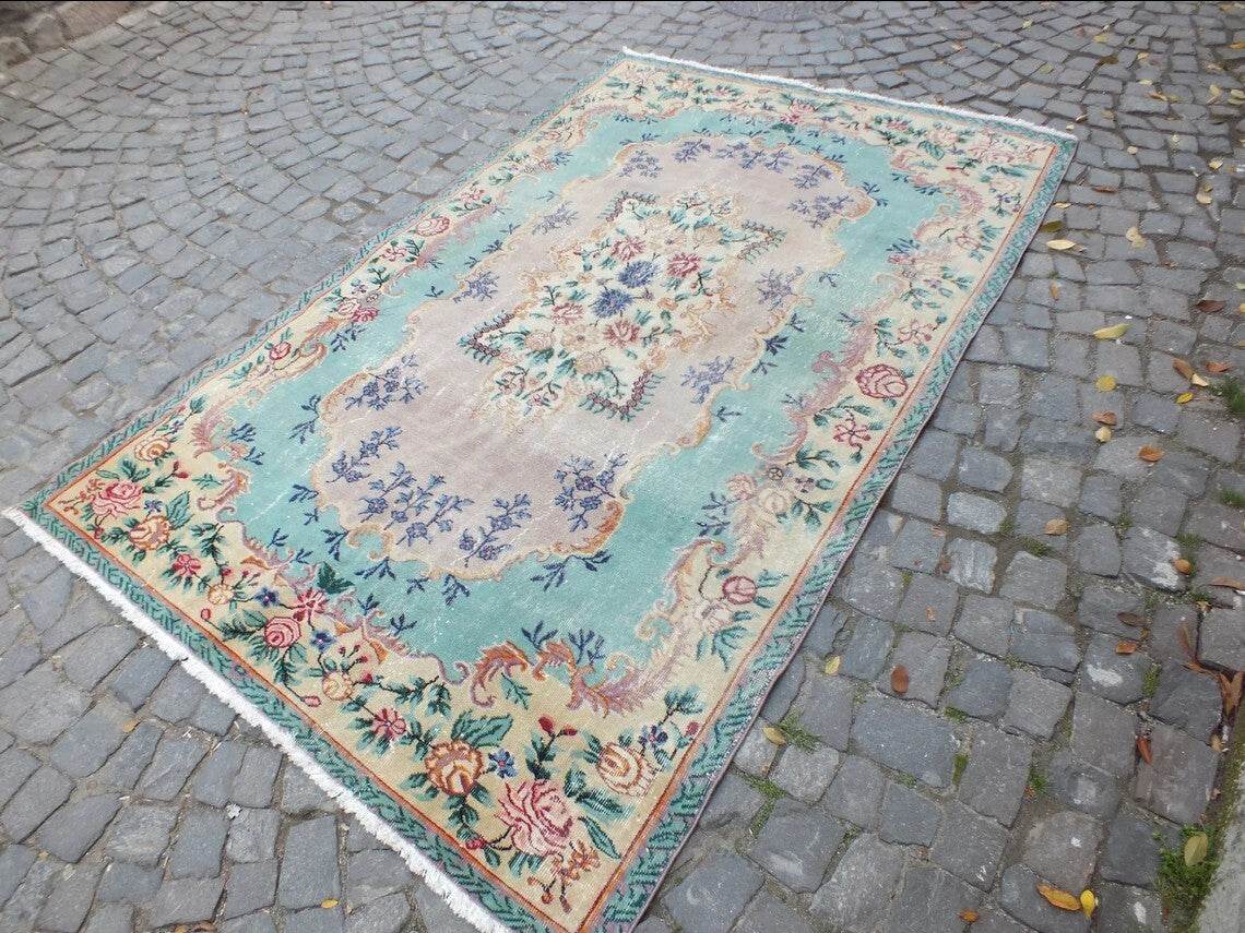 Large Turkish Vintage Oushak Rug, Farmhouse Handmade Wool Geometric 6.4x9.6 Ft
