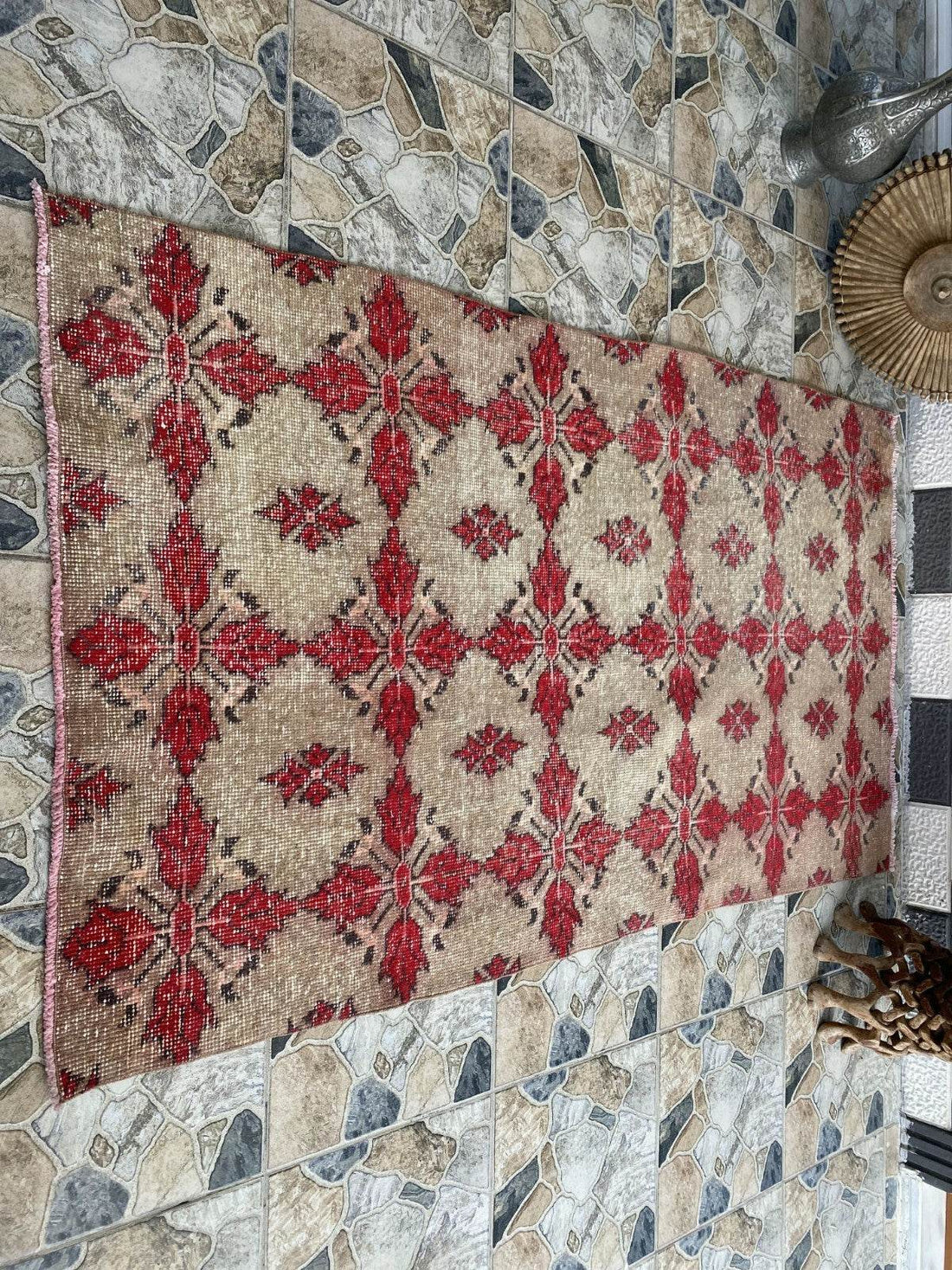 Vintage Turkish Area Rug 4x7 ft | Hand-Knotted Wool Carpet Bold Geometric Tribal