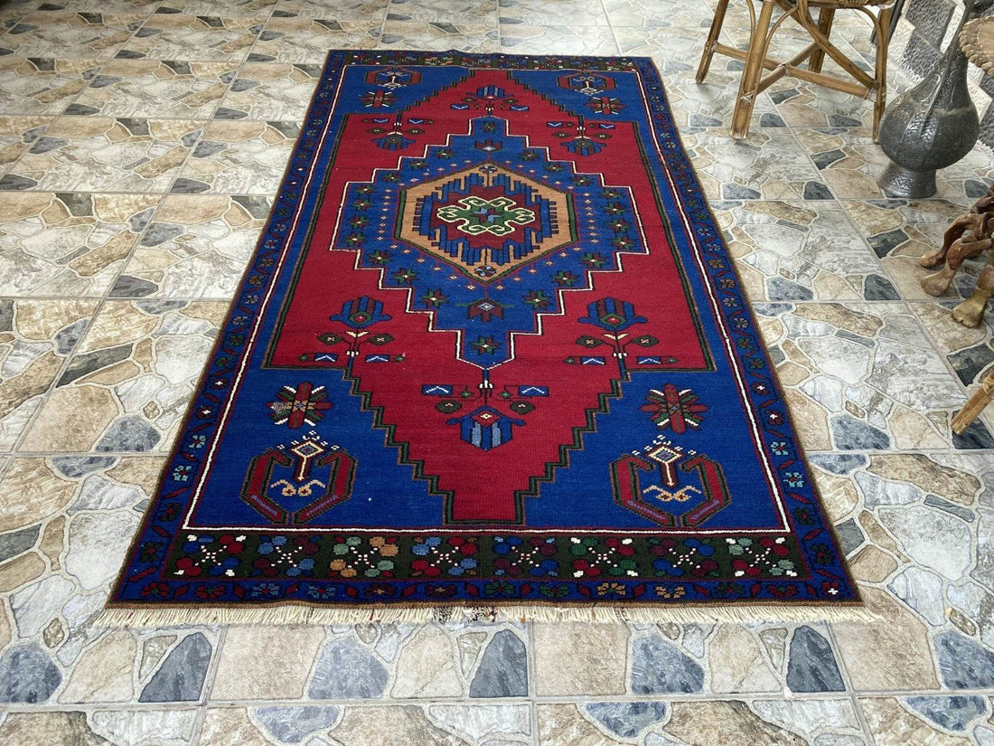 Vintage Rug | Wool Area Antique Farmhouse Anatolian Handmade Turkish Rug 4x7ft