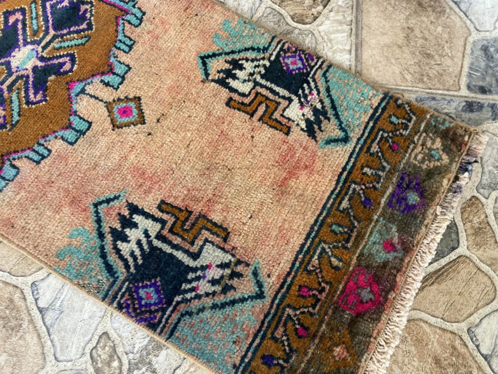 Vintage Turkish Rug 1.2x3 ft Tribal Medallion Hand-Knotted Wool Small 1970s Rug