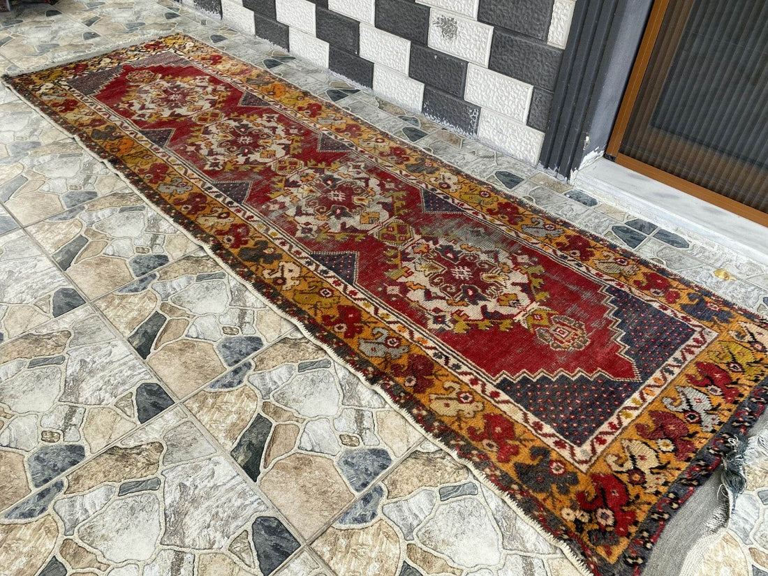 Vintage Turkish Wool Rug - Handmade Antique Red Oushak Kurdish Runner Rug 3x9 ft