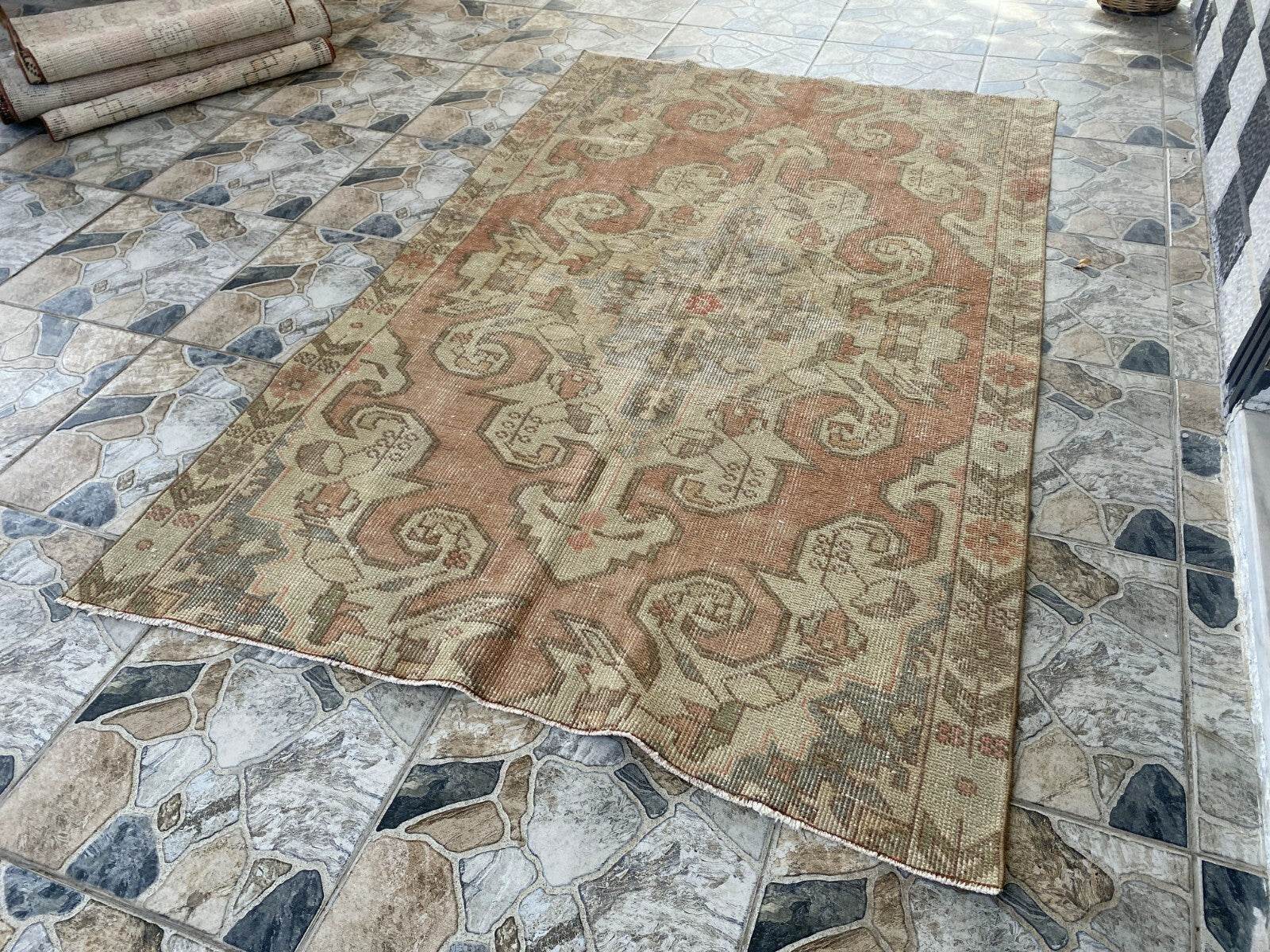Vintage Rug | Antique Wool Farmhouse Anatolian Area Handmade Turkish 4.3x6.8ft