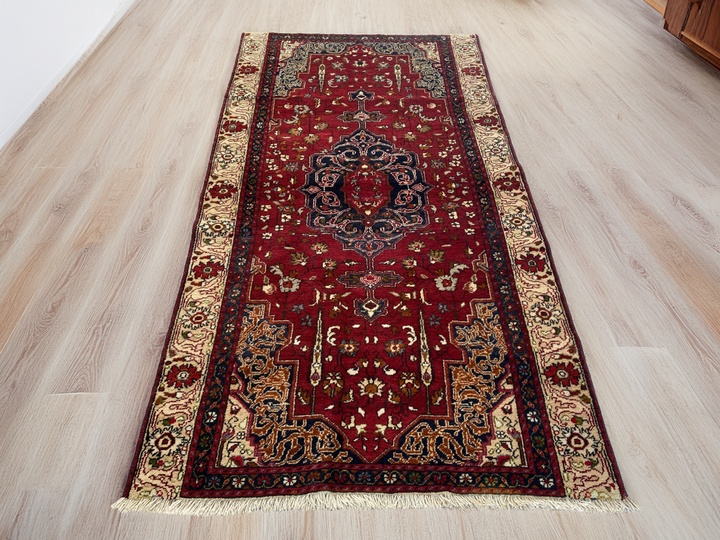 Vintage Turkish Area Rug | 4.1 x 7.8 ft | Red Tribal Farmhouse Geometric Carpet