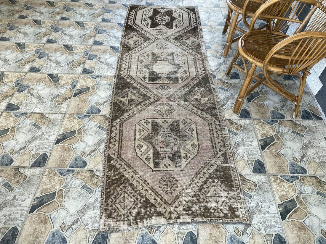 Vintage Handmade Turkish Runner Rug, 2.6x8.5 ft Brown Tribal Wool Hallway Carpet