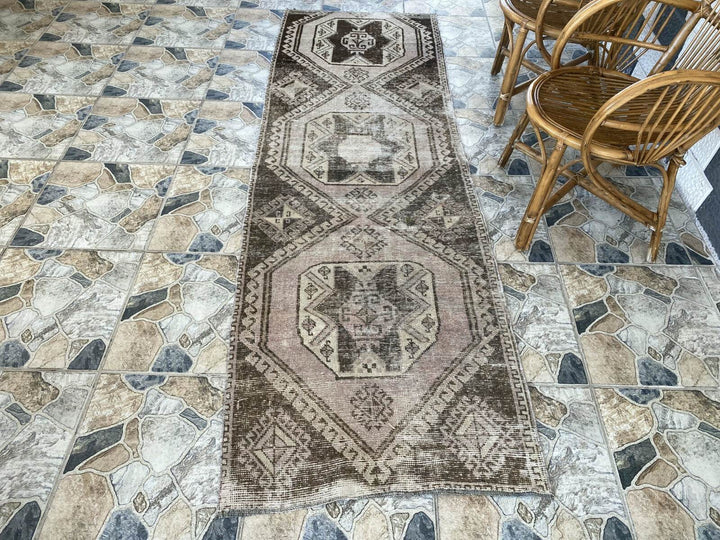 Vintage Handmade Turkish Runner Rug, 2.6x8.5 ft Brown Tribal Wool Hallway Carpet