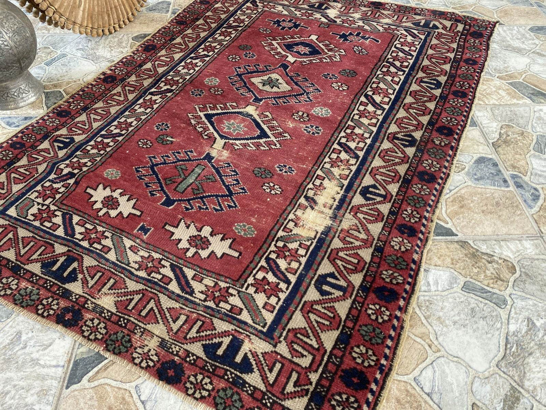 Vintage Caucasian Rug | 3.5x5 ft | Tribal Handmade Wool Rustic Farmhouse Carpet