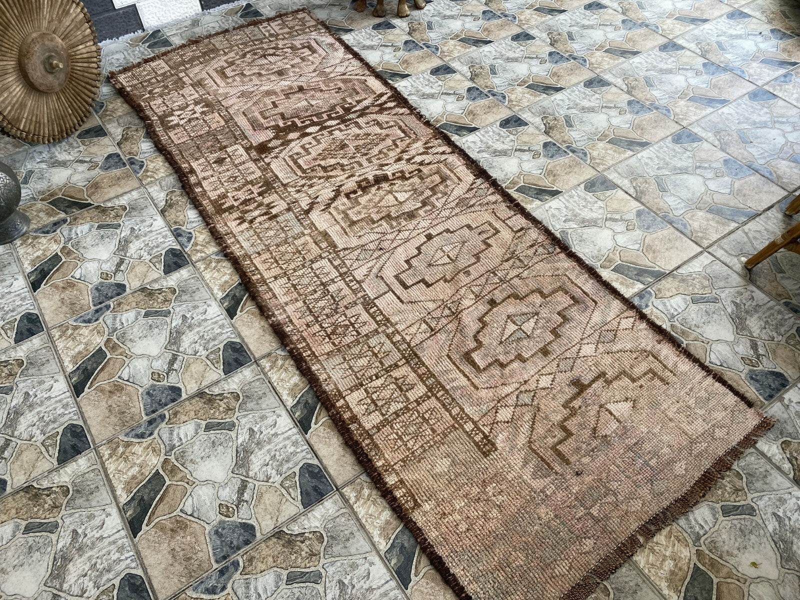 Vintage Kurdish Herki Rug | 1960s Brown Anatolian Hand-Knotted Wool Runner Rug