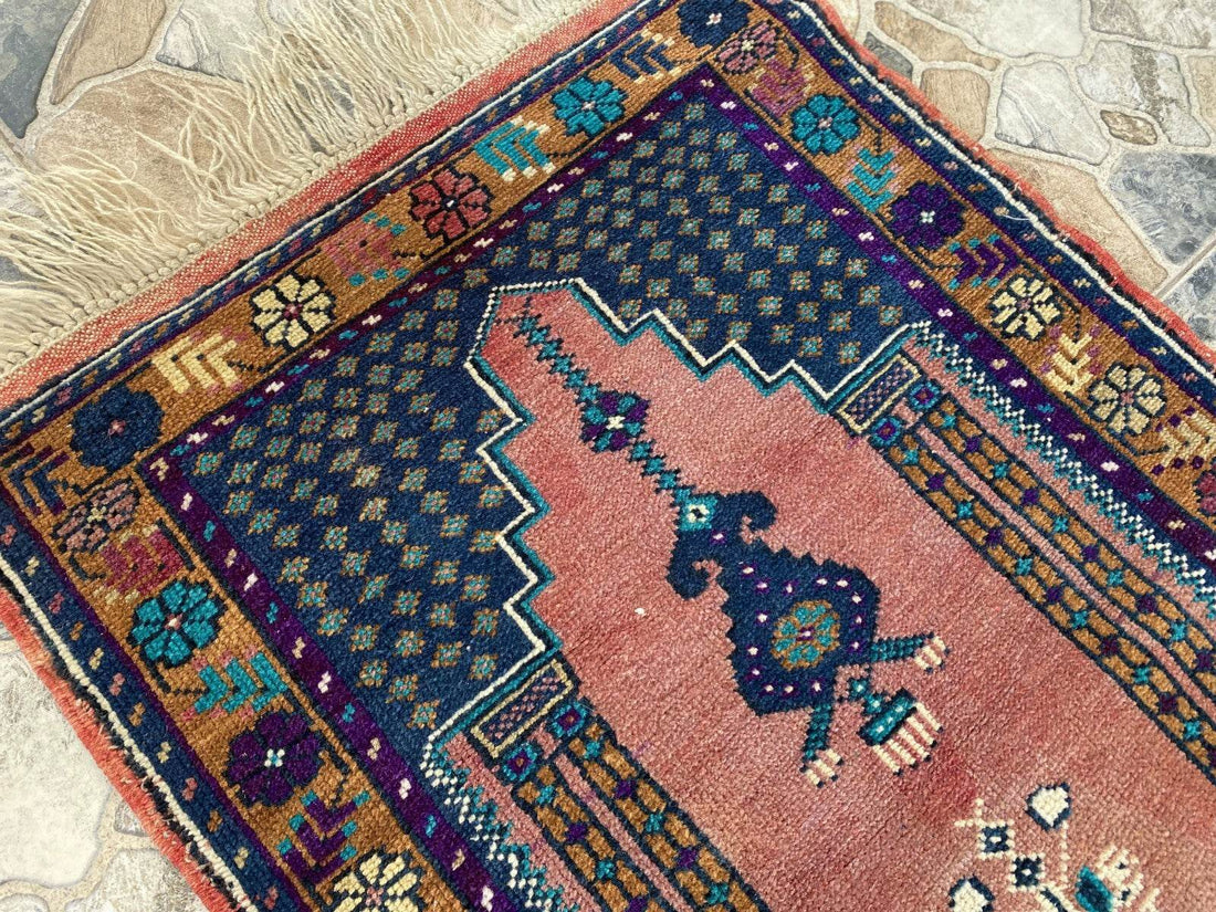 Vintage Turkish Oushak Rug, 2 x 3 ft Pink Handmade Wool Antique Tribal Small Rug