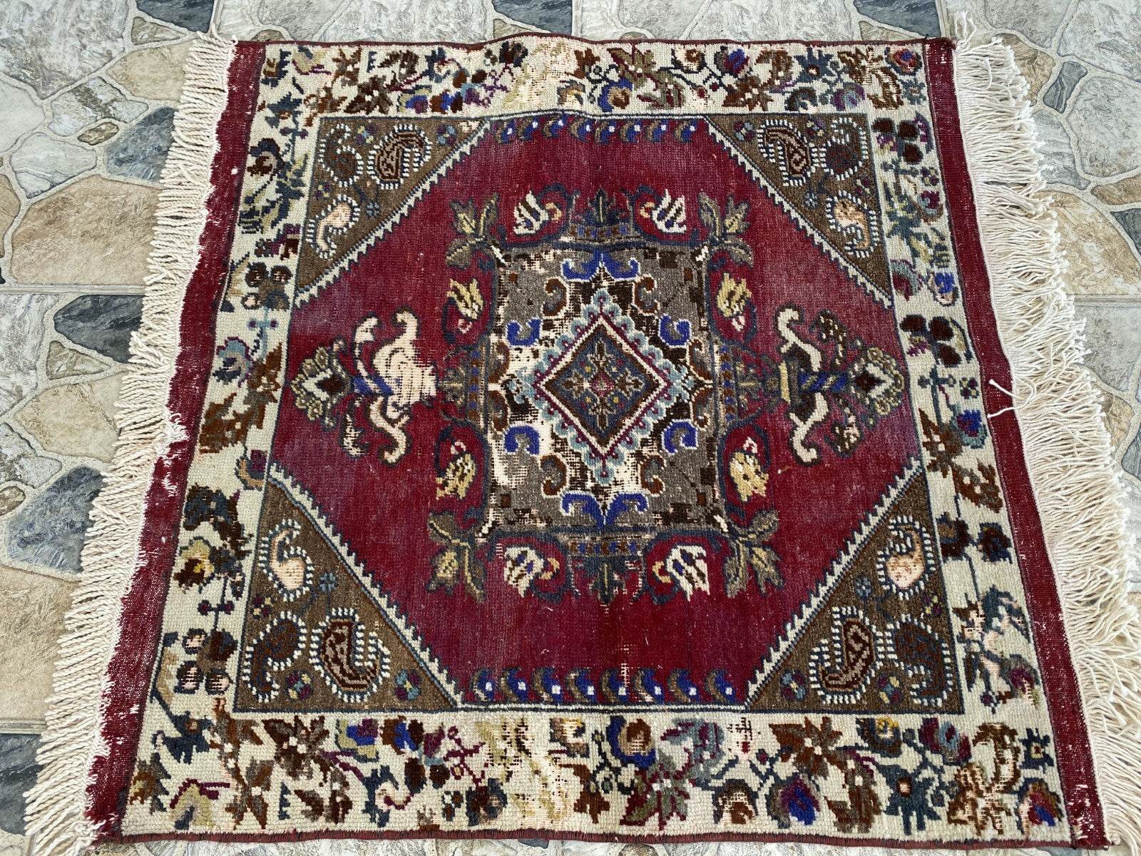 Vintage Turkish Rug | Tribal Handmade Wool Antique Farmhouse Carpet 2.8x2.6 ft