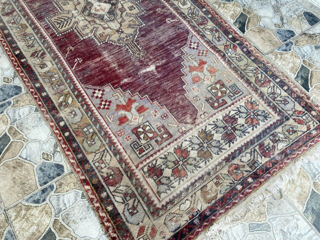 Turkish Vintage Rug Oushak Wool Geometric Handmade Antique Farmhouse 3.8x8 ft