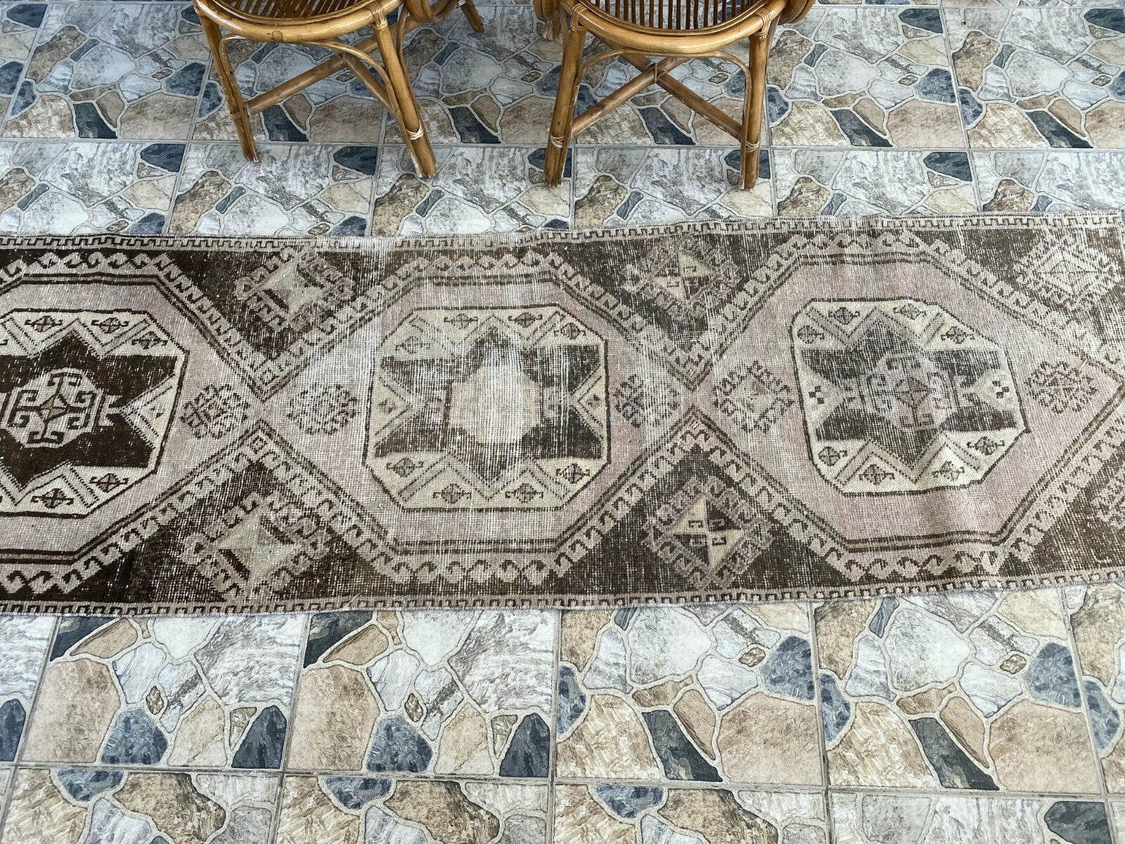 Vintage Handmade Turkish Runner Rug, 2.6x8.5 ft Brown Tribal Wool Hallway Carpet