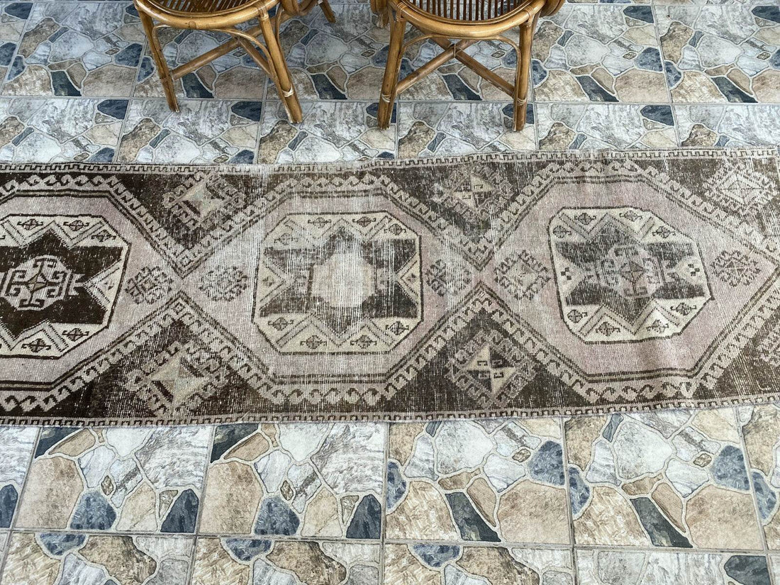 Vintage Handmade Turkish Runner Rug, 2.6x8.5 ft Brown Tribal Wool Hallway Carpet