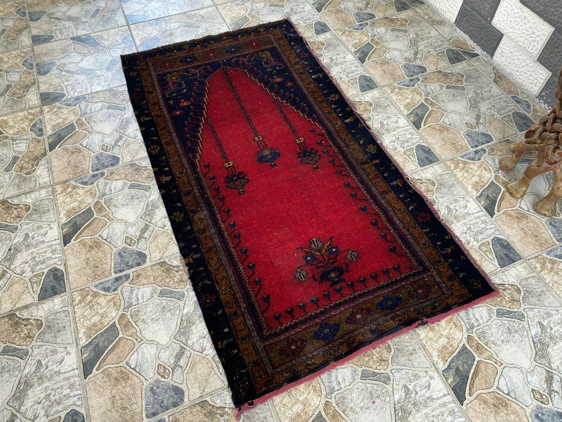 Vintage Hand-Knotted Wool Rug 2.6 x 5.2 ft Nomadic Faded Anatolian Prayer Carpet