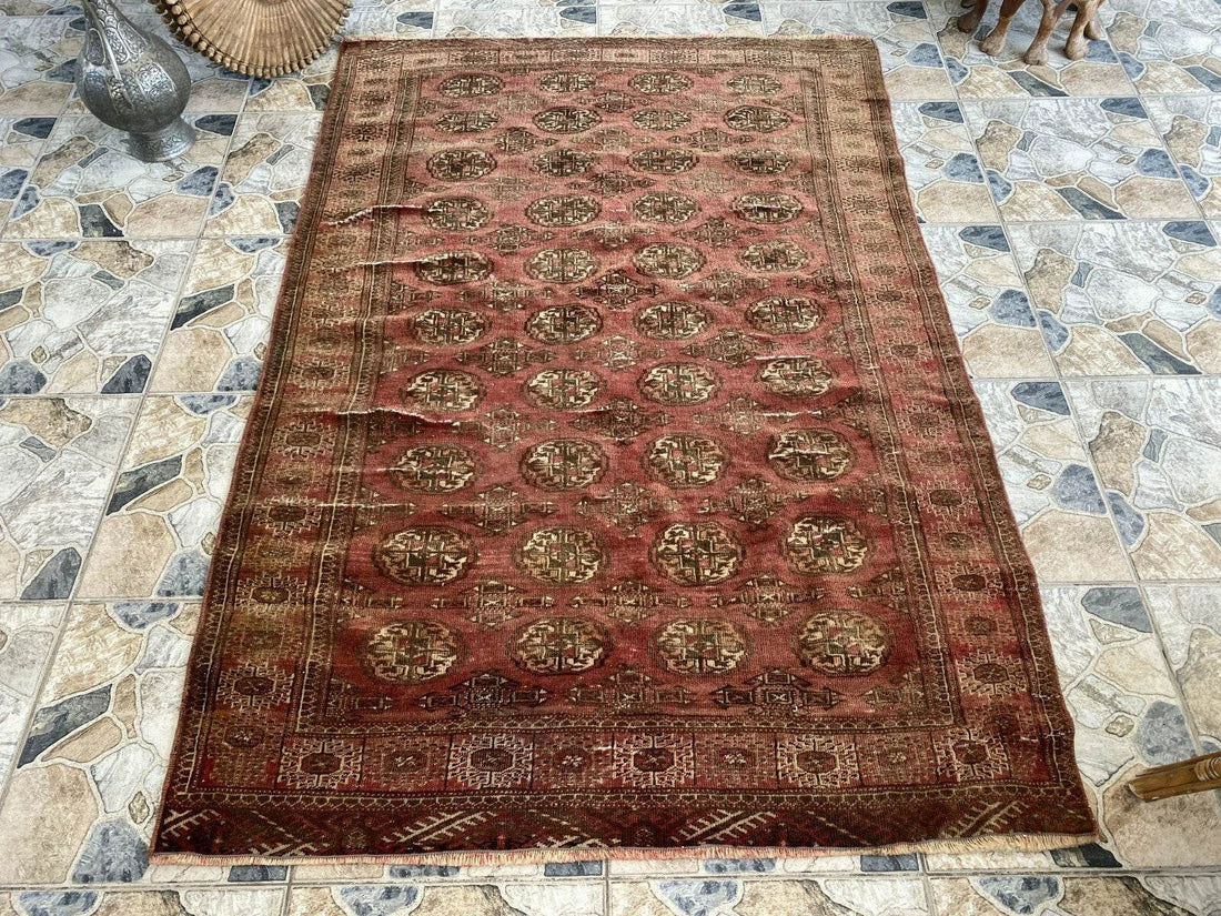 VINTAGE RUG HAND-KNOTTED Afghan Style BUKHARA handmade wool RED antique farmhouse rug