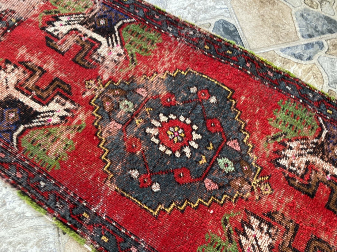 Vintage Turkish Small Rug | 1.6 x 3.3 ft Hand-Knotted Wool | Red Geometric Mat