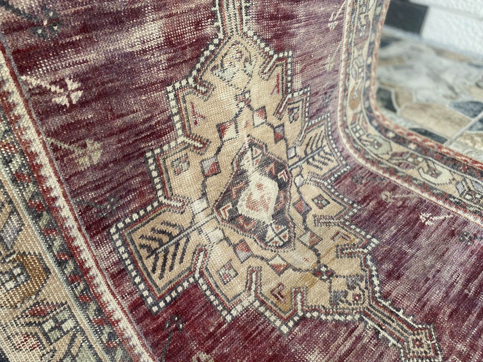 Turkish Vintage Rug Oushak Wool Geometric Handmade Antique Farmhouse 3.8x8 ft