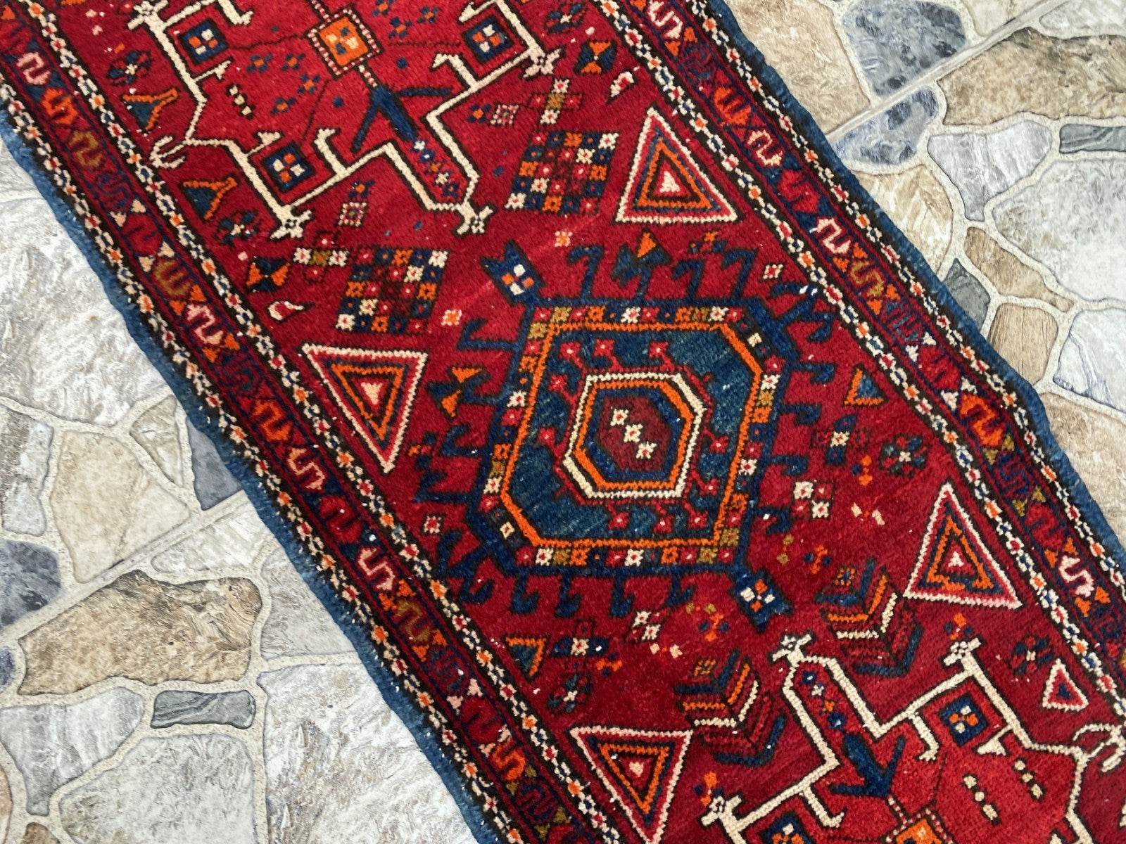 Vintage Persian Style Runner Rug | 1.8 x 6.6 ft Hand-Knotted Wool | Red & Blue Tribal