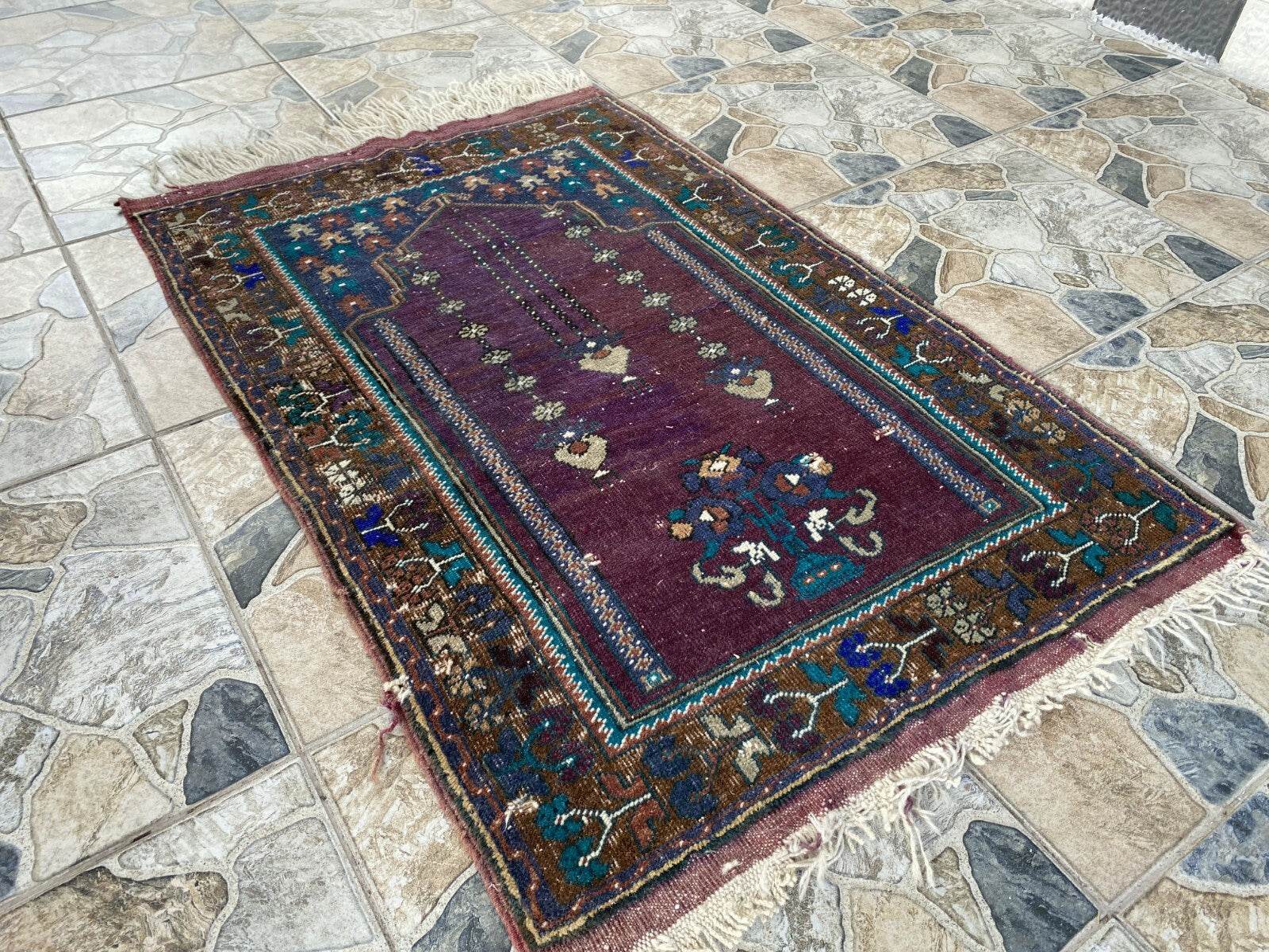 Vintage Turkish Handmade Wool Prayer Rug | Geometric Anatolian Oushak Carpet 2x4