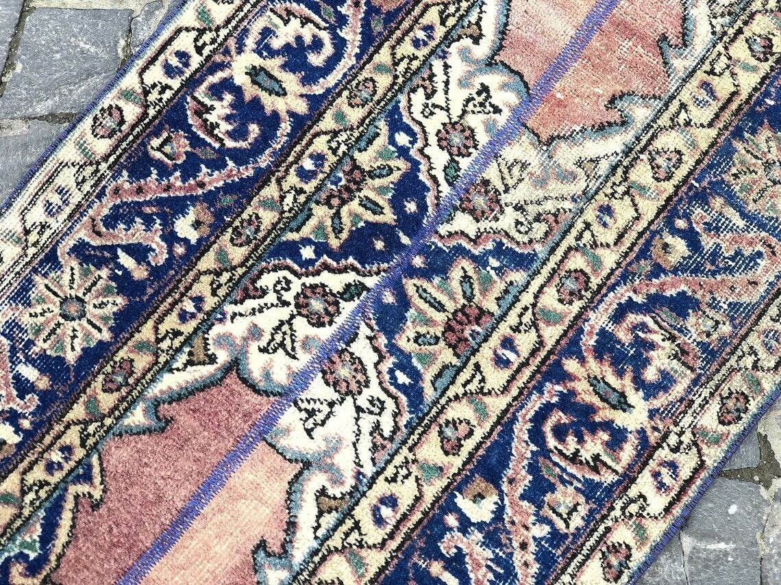 Vintage Turkish Oushak Rug | 3x11.7 ft| Antique Blue Wool Handmade Runner Carpet