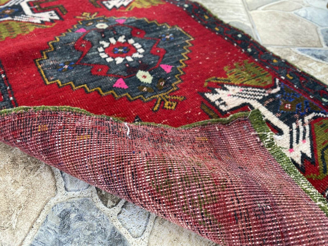 Vintage Turkish Wool Rug, Hand-Knotted Antique Geometric Oushak Small Runner 1x3