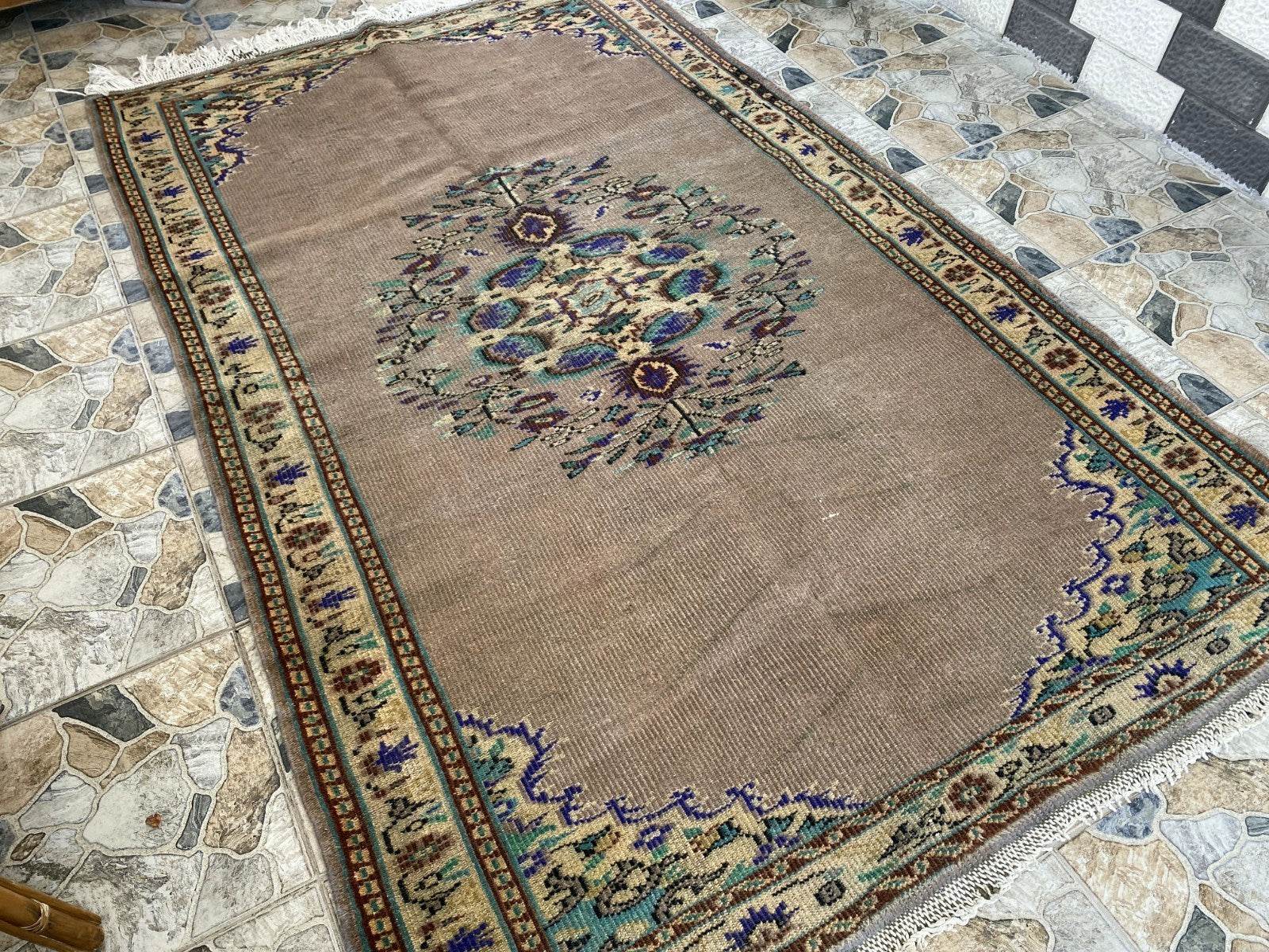 Vintage Turkish Rug | 5.4 x 8.7 ft Hand-Knotted Wool Faded Pastel Anatolian Rug