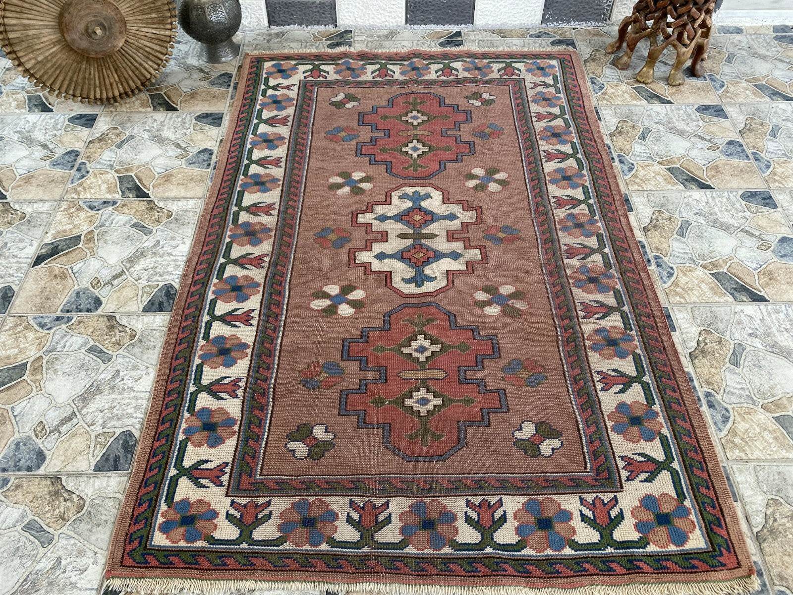 Turkish Kurdish Vintage Rug | 4.3 x 6.5 ft | Hand-knotted Anatolian Tribal Geometric