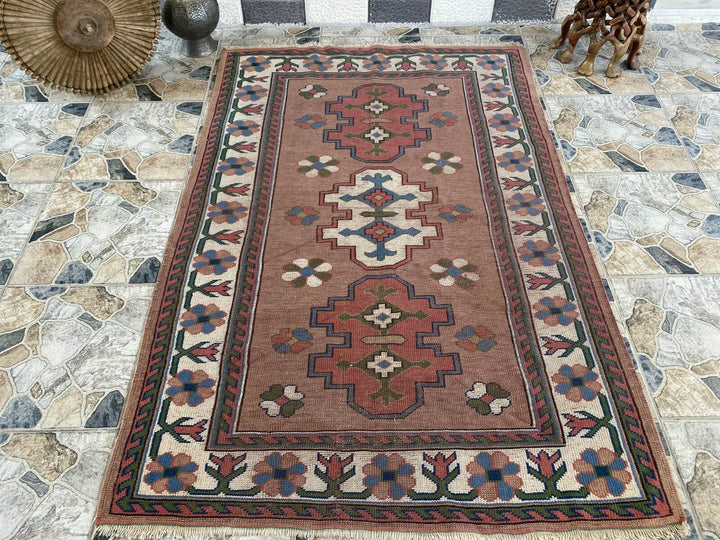 Turkish Kurdish Vintage Rug | 4.3 x 6.5 ft | Hand-knotted Anatolian Tribal Geometric