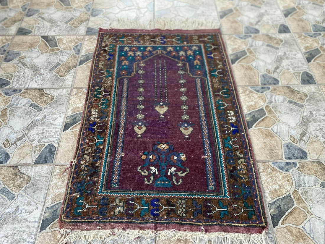 Vintage Turkish Handmade Wool Prayer Rug | Geometric Anatolian Oushak Carpet 2x4
