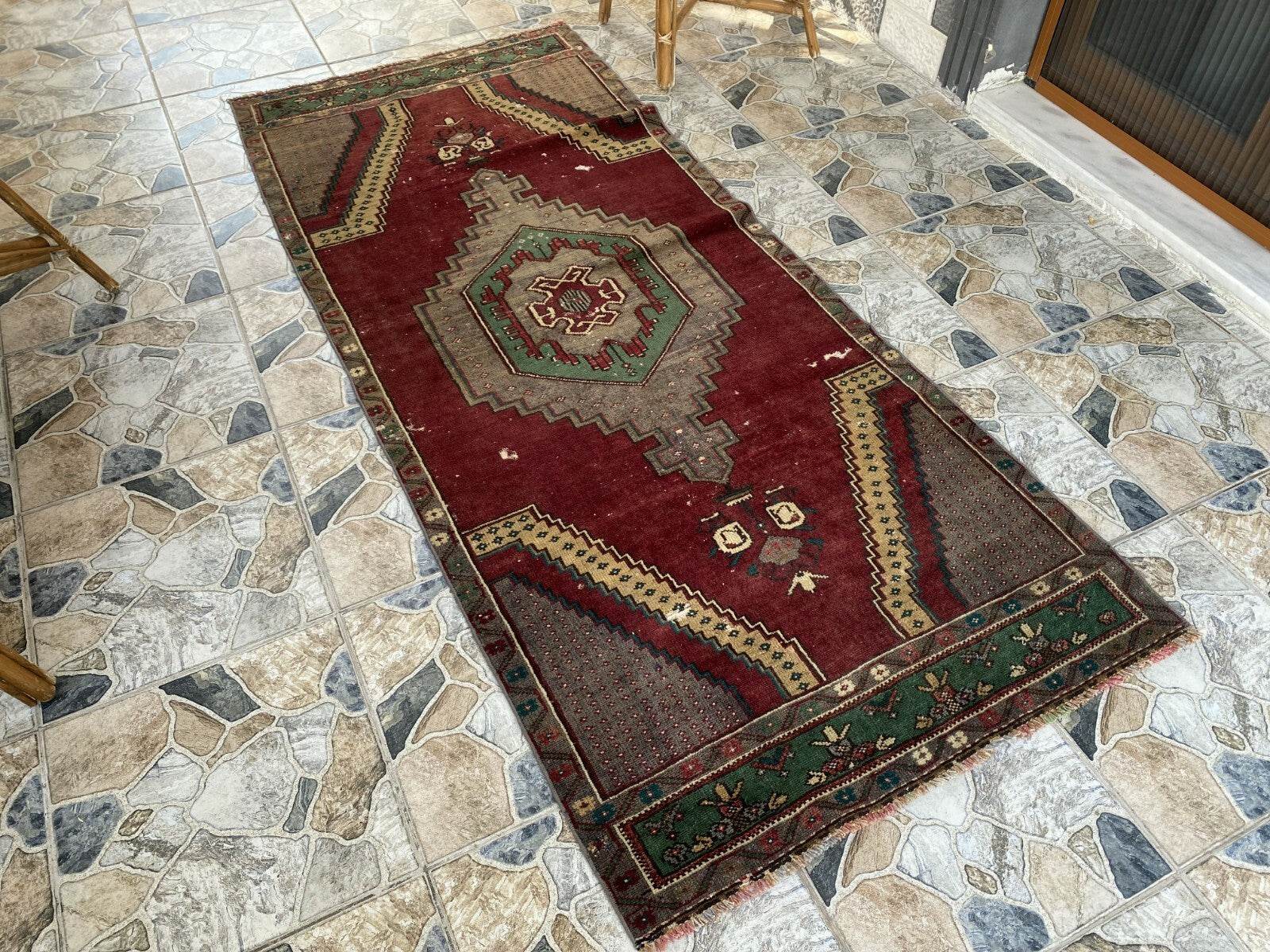 Vintage Turkish Rug | Burgundy Handmade Wool Geometric Antique Anatolian 3.2x7.7