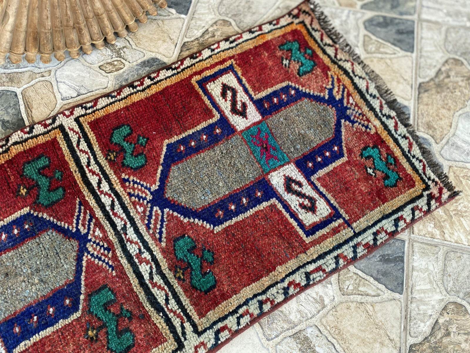 Vintage Turkish Tribal Rug | 1.6 x 3.4 ft | Handmade Wool Anatolian Small Carpet