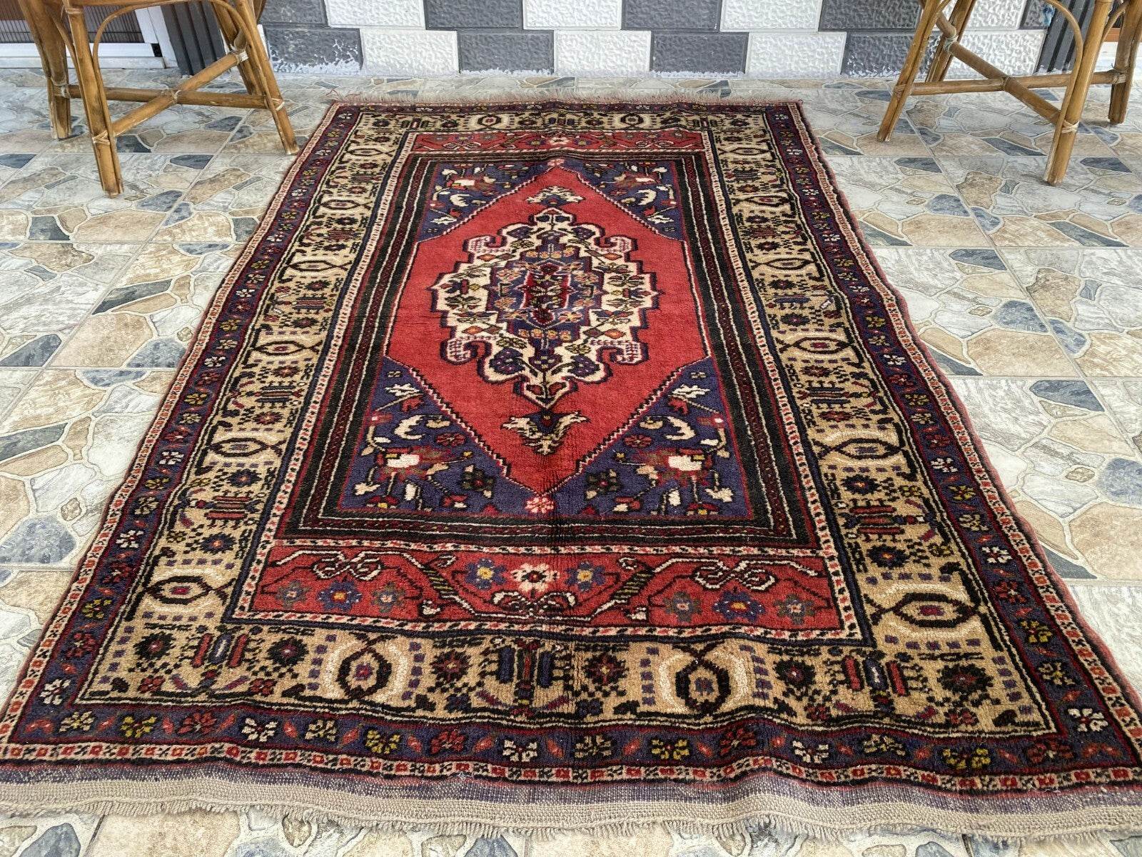 Vintage Turkish Rug | 4.3 x 6.5 ft | Handmade Geometric Anatolian Wool Area Rug