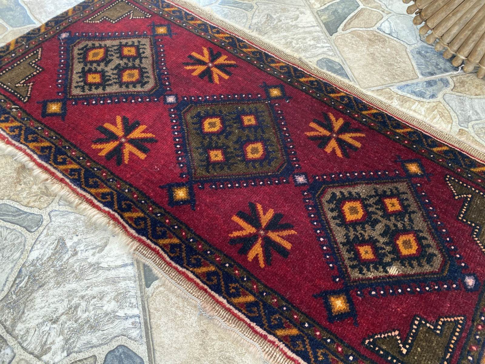 Vintage Turkish Wool Rug, Antique Hand-Knotted Geometric Oushak Small Runner 1x3
