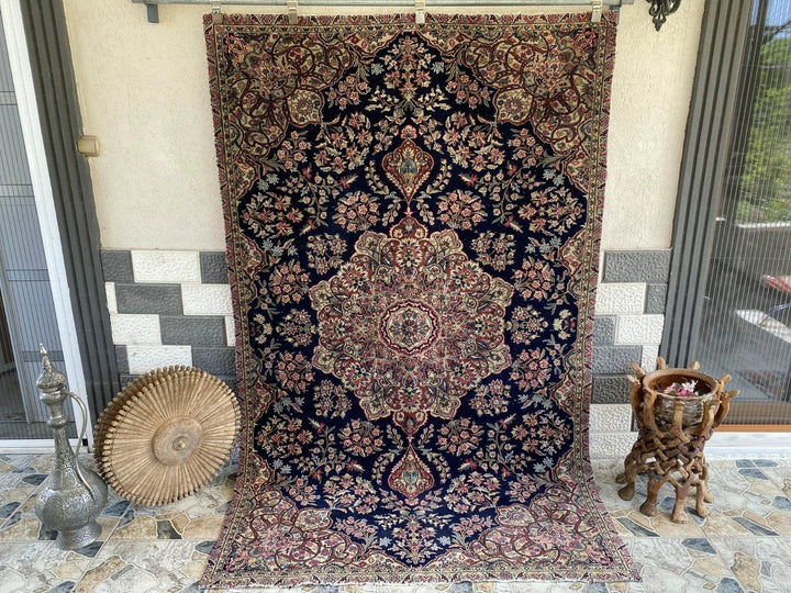 Vintage Persian Area Rug | 5 x 8 ft Hand-Knotted Wool Blue Tribal Medallion Rug