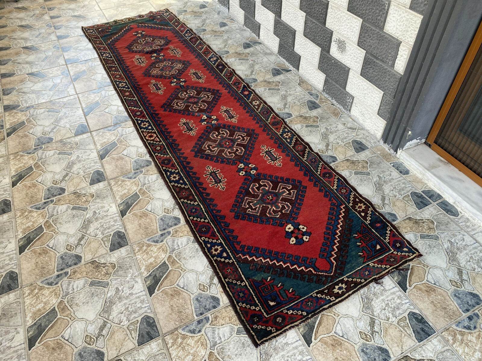 Geometric Turkish Vintage Rug,Farmhouse Handmade Anatolian Village Rug 2.6x9.8Ft