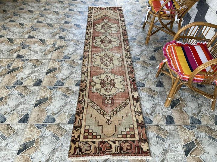 Vintage Rug | Wool Runner Antique Farmhouse Anatolian Handmade Turkish Rug 2x9ft