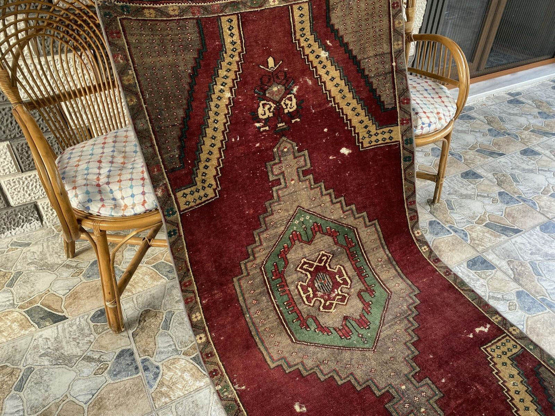 Vintage Turkish Rug | Burgundy Handmade Wool Geometric Antique Anatolian 3.2x7.7