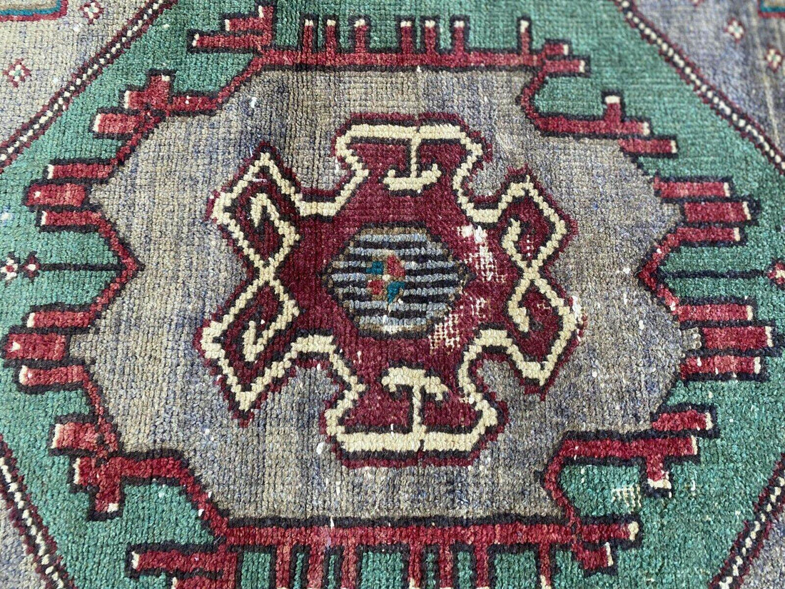 Vintage Turkish Rug | Burgundy Handmade Wool Geometric Antique Anatolian 3.2x7.7
